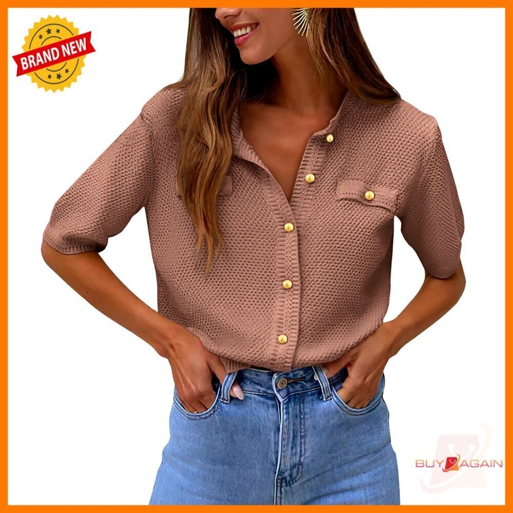 Ribbed Knit Button Down Shirt Short Sleeve Crew Neck Casual Chic Summer Top